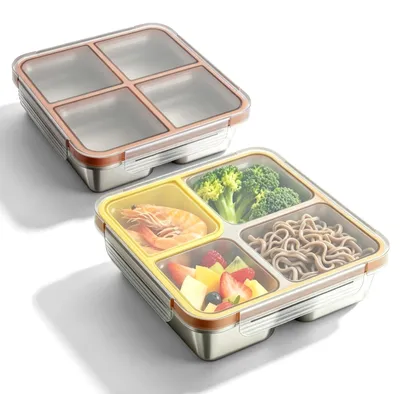 Snackbox 2er-Set, Edelstahl, 720 ml, 4 Fächer, leckdicht