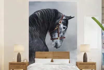 Produktbild von MuchoWow® Fototapete für Wohnzimmer oder Schlafzimmer Wandtapete Vinyl Motivtapete Pferd - Grau - Braun - Tiere - Rauch - 145x220 cm - Kindertapete - Wanddekoration