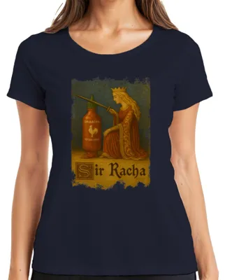 Productafbeelding van Sir Racha Sriracha Ritter T-shirt, marineblauw, maat 3XL. (Met afbeelding van een ridder, mogelijk gerelateerd aan het merk "Sir Racha Sriracha Ritter" en mogelijk met een middeleeuws thema.)
