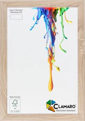 A picture frame with a colorful paint splash design on a white background.