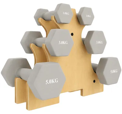 Produktbild von Hanteln Set 3 Paar 1kg 3kg 5kg Kurzhanteln mit Holzständer, rutschfeste Griff, Gusseisen Hexagon Hellgrau