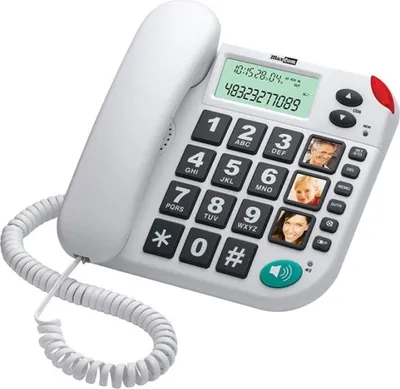 A white corded telephone with large buttons and a screen, placed on a white background.