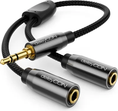 Produktbild von deleyCON 0,20m Audio Klinken Y Splitter Kabel - AUX - hochwertiger Nylon Mantel - 3,5mm Klinken Stecker auf 2X 3,5mm Klinken Buchse - 3,5mm Stereo Klinke Y-Adapter Kabel