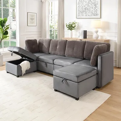 Produktbild von Merax Modulares U-Sofa mit Stauraum, 6-Sitzer Ecksofa wandelbar zu L-Form und Liegebett, Wohnzimmersofa Couch mit Samt-Cord und Massivholzrahmen, Grau