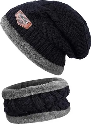 Produktbild von ASKSA Uni 2-Pieces Wintermütze und Schal Set Beanie Mütze Warmer mit Fleecefutter schlauchschal, Schwarz