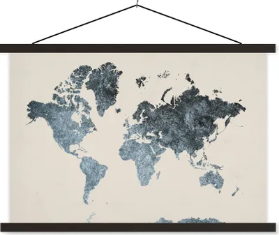 Produktbild von MuchoWow® Textilposter Weltkarte - Schwarz - Silber 90x60 cm mit schwarzem Rahmen - Aufhängungssatz