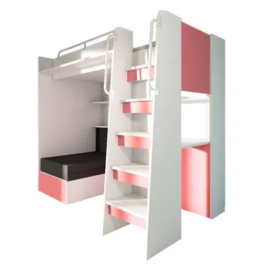 Produktbild von Marlux-Meble Hochbett JSM-7 90x200 TREPPE RECHTS mit Schreibtisch Schränke und Ausklappbares Sofa 70x180 Matt Funktionsbett Etagenbett Stockbett Kinderhochbett Jugendhochbett (Rosa Matt)