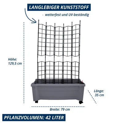 Produktbild von KHW Calypso Pflanzkasten aus hochwertigem Kunststoff auf Rollen mit Bewässerungssystem + modulares Spalier, stabil, wetter-/UV-beständig. Farbe: Grau.