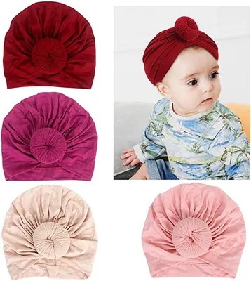 Produktbild von OD19 4er-Set Baby Mützen (Turban, Stirnband) aus 100% Baumwolle, sehr weich & elastisch, für Baby Mädchen, Neugeborene & Kleinkinder, Hand- & Maschinenwäsche, hautfreundlich