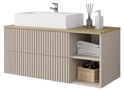 Produktbild von MIRJAN24 Waschbeckenschrank Kertos Rillen mit Waschbecken, mit Siphon, mit zwei Schubladen (Farbe: Wüstensand / Wüstensand + Eiche Cremona), KI-generiertes Bild