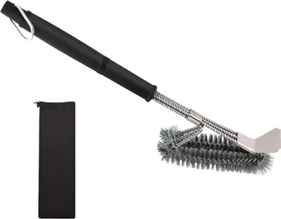 Immagine prodotto di Spazzola per barbecue con raschietto – Strumento di pulizia 2 in 1 – Spazzola per barbecue in acciaio inossidabile di alta qualità – Argento – Pratica custodia inclusa