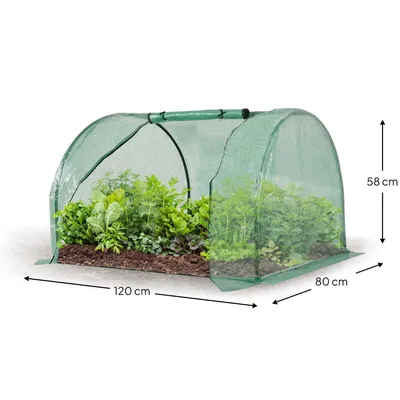 A mini greenhouse tunnel for a flower bed, showing its dimensions.