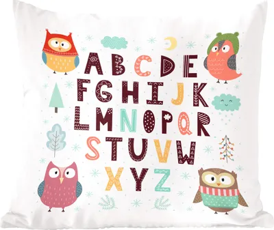 Produktbild von MuchoWow® Zierkissen Sofakissen Wohnzimmer Dekokissen 40x40 cm Illustration Alphabet mit Eulen - Foto Kissen - Schlafzimmer Dekoration