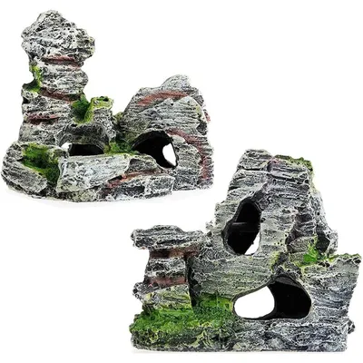 Image de Décoration d'aquarium grotte - Résine - 11 x 9 x 11 cm et 10 x 5,5 x 10 cm - Lot de 2 - Pour bettas et autres aquariums