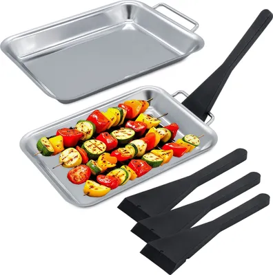 Produktbild von Edelstahl Grillpfännchen Set lebensmittelecht - 6-teilig - Metall Pfännche für den Grill mit Schaber