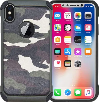 Immagine prodotto di Custodia protettiva per Apple iPhone XS/iPhone X, rinforzata con motivo camouflage e vetro temperato