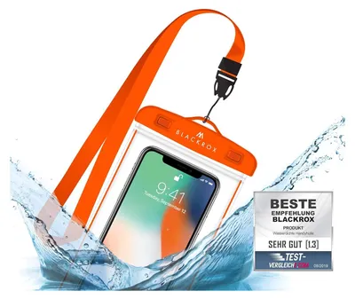 Produktbild von BLACKROX wasserdichte Handyhülle für iPhone 11, 12, 13, X/XS, 8, 7, 6s, Samsung S10, S9, S8, S7 - Wasserfester Schutz, Beachbag, Orange