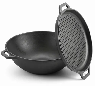 Produktbild von Gusseisen Wok 36 cm mit Deckel-Bratpfanne Grill Kazan 8 L flacher Boden – Kessel für alle Herdarten inkl. Induktion – großer Asia Wok