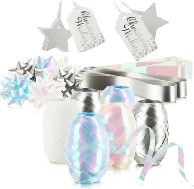 Produktbild von com-four® 28-teiliges Geschenkverpackungsset für Weihnachten und Geburtstage - Geschenkschleifen und Geschenkbänder - selbstklebende Geschenkschleifen - Set zum Basteln und Verpacken