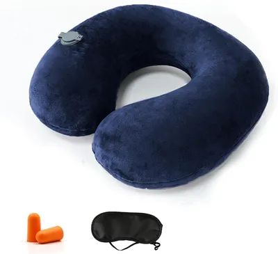 Produktbild von Aufblasbares Nackenkissen für Flugreisen, Reisekissen mit Schlafmaske und Ohrstöpseln, geeignet für Auto, Zug und Büro, Blau