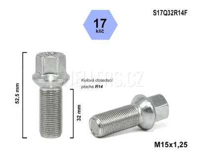 Obrázok produktu pre Skrutka kolesa M15x1,25x32 guľová skrutka R14, kľúč 17, S17Q32R14F, výška 52,5 mm
