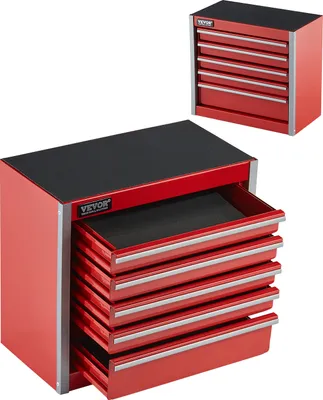 A red metal toolbox with multiple drawers, one of which is partially open, and another identical toolbox in the background.