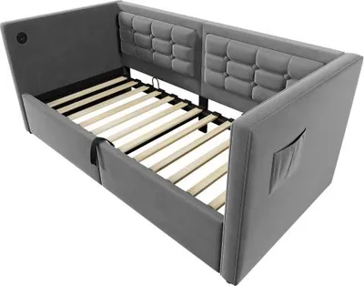 Produktbild von Sofabett Grau 90x190cm Samt Ohne Matratze Polsterbett Stauraumbett mit Ladefunktion Jugendbett
