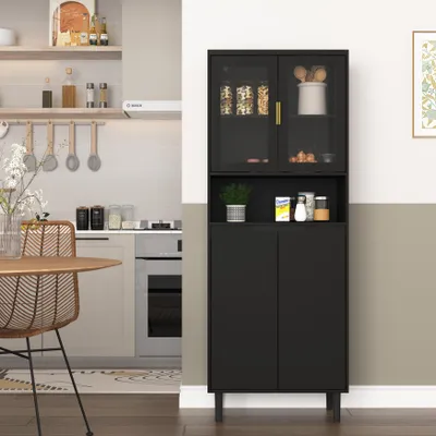 Zdjęcie produktu dla Regał 60 x 35 x 160 cm, szklane drzwi, 4 drzwi, regulowana półka, czarny, MDF