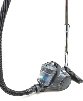 A gray cylinder vacuum cleaner with a black hose and a silver telescopic wand, shown against a white background.
