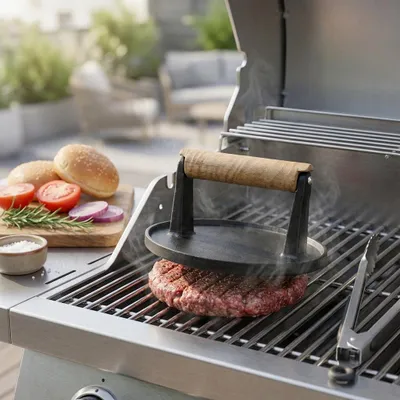 Produktbild von Grillpresse Gusseisen rund schwarz matt mit Holzgriff, Ø21cm