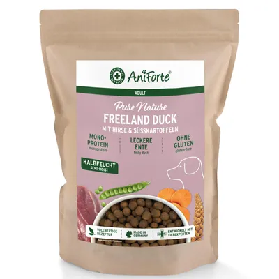Produktbild von AniForte Ente Trockenfutter für Hunde 2kg – Leckere Ente mit Hirse, Süßkartoffel & Kräuter, Halbfeuchtes Trockenfutter glutenfrei, Hundefutter trocken
