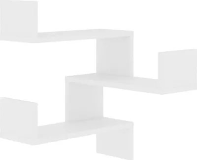 A white, zig-zag shaped corner shelf unit.