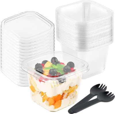 50 Dessertbecher mit Deckel, 360 ml, transparent, quadratisch