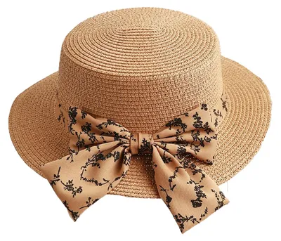 Produktbild von Damen-Strohhut mit flachem Oberteil und Schleife, kleiner Sommer-Zylinder, Stroh-Sonnenhut, Hutumfang 56-58 cm