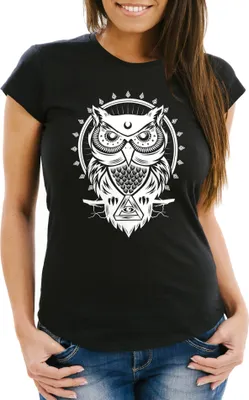 Produktbild von Damen T-Shirt Eule Owl Shirt Eulenmotiv Slim Fit Neverless® schwarz L