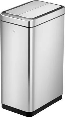 A stainless steel trash can with a dual lid.