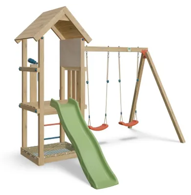 Produktbild von Trigano Spielturm Holz "EASY XPLORER 2" mit 2 Schaukelsitzen, Sandkasten mit Netz, Plattform mit Rutsche und Fernglas