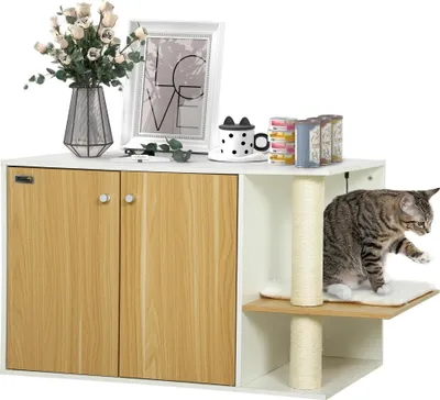 Produktbild von Katzenklo-Möbel - Katzentoilette-Schrank - Spielzentrum - Kissen und Ball - Seitentür - Rutschfeste Füße - 94×48×50,5 cm - Eiche und Weiß