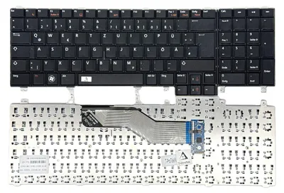 A disassembled laptop keyboard and its internal components are shown against a white background.