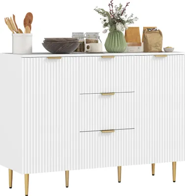 Image de HOMCOM Buffet meuble cuisine rangement meuble de rangement avec 3 tiroirs, étagères réglables, placards à portes cannelées et pieds en métal, buffet salle à manger et salon, 120 x 40 x 90 cm, blanc