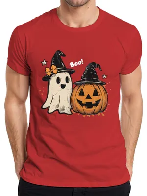 Obrázek produktu pro Boo Halloween dýně duch roztomilý čarodějnice klobouk retro vintage roztomilý pánské tričko, červená, L