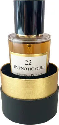 A perfume bottle is displayed on a decorative stand.