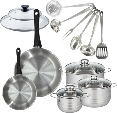 Image de Batterie de cuisine 2 poêles 20/28 cm et couvercles, 3 faitouts 16/20/24 cm et 6 ustensiles Fackelmann Geneva