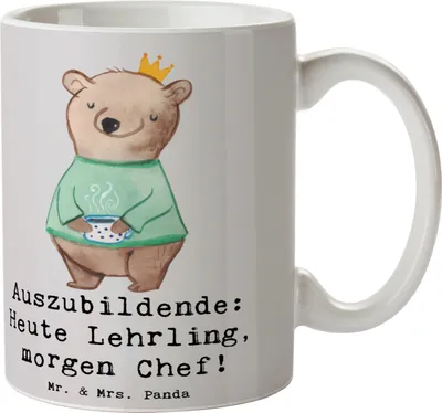 Produktbild von Mr. & Mrs. Panda Tasse Auszubildende Chef - Grau Pastell - Geschenk, Motivation, Inspiration, Ausbildung, Kaffeebecher, Kaffeetasse, Beruf, personalisierte Geschenke