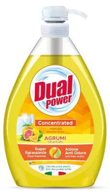 A bottle of Dual Power dish soap with citrus fruit imagery.