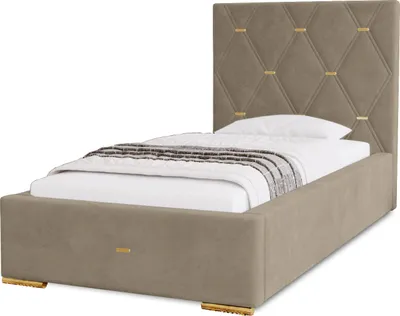 Produktbild von Polsterbett Golden Premium 90x200 cm, Bett mit Kopfteil, Doppelbett mit Bettkasten, Matratze und Lattenrost aus Holz, Velourstoff: Hellbraun