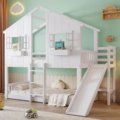 Immagine prodotto di Letto a castello per bambini, 90x200 cm, a forma di casetta, con scivolo e scaletta, colore bianco, legno di pino