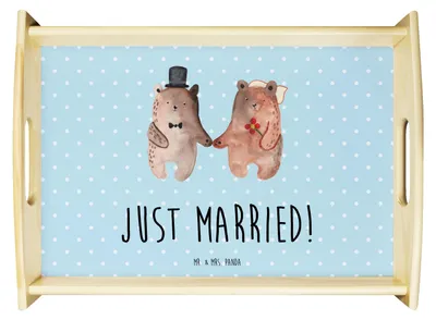 Produktbild von Mr. & Mrs. Panda tablett holz Bär Heirat - Blau Pastell - Geschenk, Servier, serviertablett, betttablett, sofatablett, Teddy