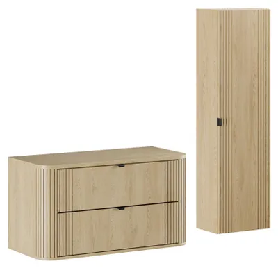 Immagine prodotto di Doppio lavabo e colonna sospesa 100,4 cm Mila con 2 cassetti, rovere chiaro