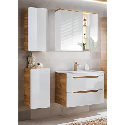 Produktbild von Badezimmer Set in Hochglanz weiß, Wotan Eiche Nb. LUTON-56 Keramik-Waschtisch & LED-Spiegelschrank B/H/T ca. 131/195/46 cm